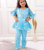 Blue cotton printed festive wear-kurta pajama for girls