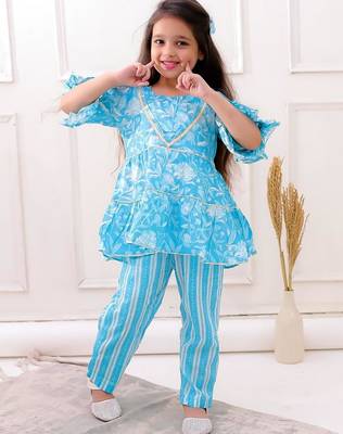 Blue cotton printed festive wear-kurta pajama for girls 2