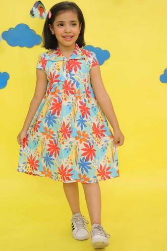 Blue cotton printed frocks for girls