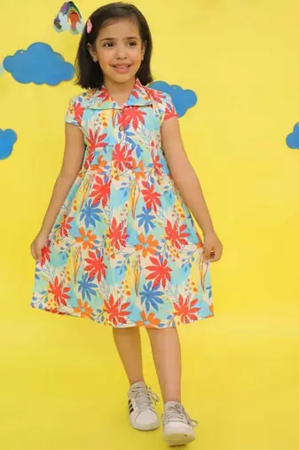 Blue cotton printed frocks for girls