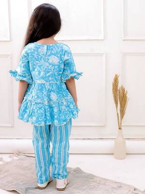 Blue cotton printed festive wear-kurta pajama for girls 5