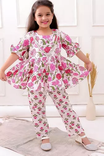 White cotton printed festive wear-kurta pajama for girls