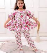 White cotton printed festive wear-kurta pajama for girls