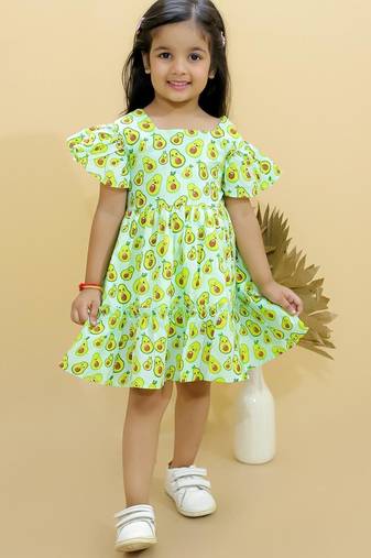Green cotton printed frocks for girls