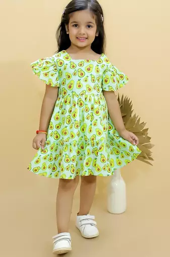 Green cotton printed frocks for girls