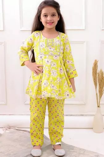 Yellow cotton printed festive wear-kurta pajama for girls