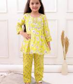Yellow cotton printed festive wear-kurta pajama for girls