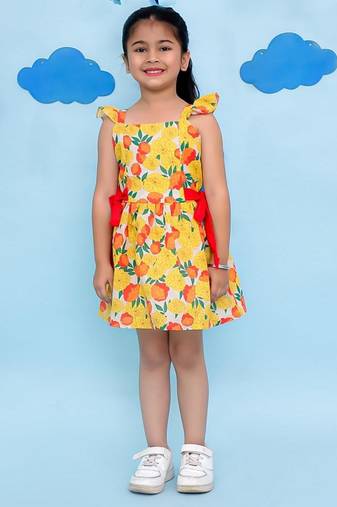 Yellow cotton printed frocks for girls
