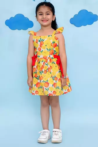 Yellow cotton printed frocks for girls