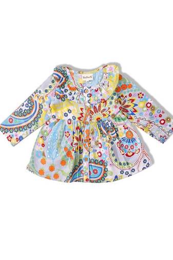 Blue cotton multicolored paisley and floral patterns frocks for girls