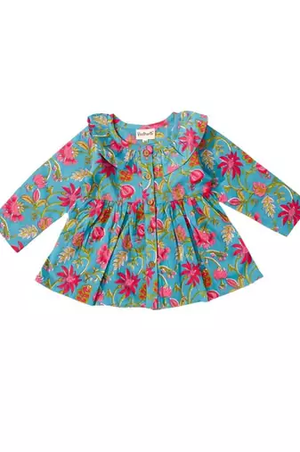 Blue cotton printed frocks for girls