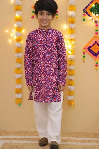 Purple cotton polka dot kurta pajama for boys