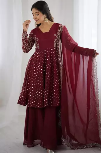 Maroon crunchy silk embroidered sharara set