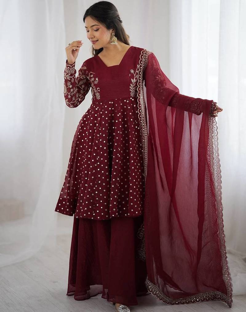 Maroon crunchy silk embroidered sharara set