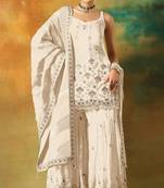 White embroidered georgette semi-stitched palazzo style salwar suit