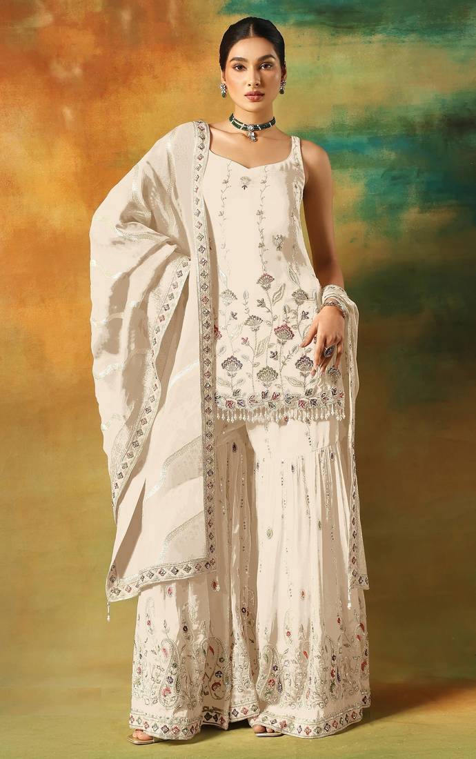 White embroidered georgette semi-stitched palazzo style salwar suit