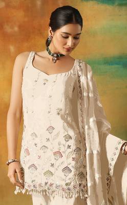 White embroidered georgette stitched palazzo style salwar suit 2