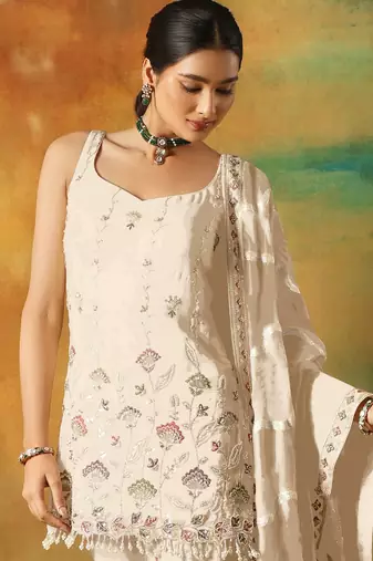 White embroidered georgette stitched palazzo style salwar suit