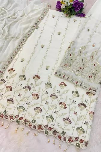 White embroidered georgette stitched palazzo style salwar suit