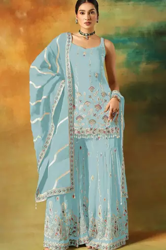 Sky embroidered georgette semi-stitched palazzo style salwar suit