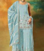 Sky embroidered georgette semi-stitched palazzo style salwar suit