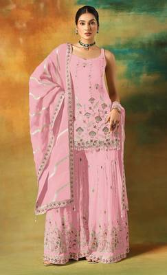 Baby pink embroidered georgette stitched palazzo style salwar suit 1