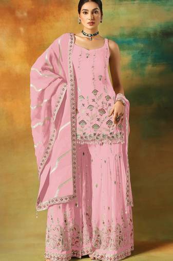 Baby pink embroidered georgette semi-stitched palazzo style salwar suit