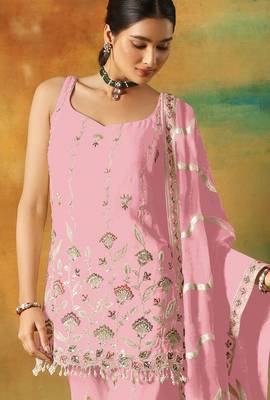 Baby pink embroidered georgette stitched palazzo style salwar suit 2