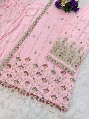 Baby pink embroidered georgette stitched palazzo style salwar suit 3