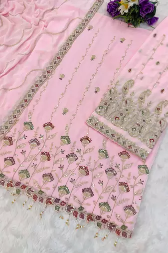 Baby pink embroidered georgette stitched palazzo style salwar suit