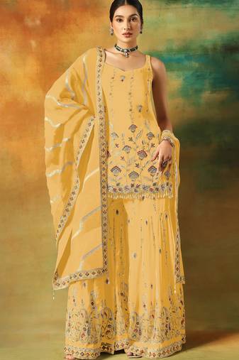 Yellow embroidered georgette semi-stitched palazzo style salwar suit