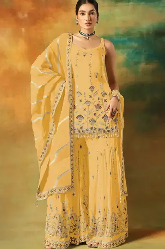 Yellow embroidered georgette semi-stitched palazzo style salwar suit