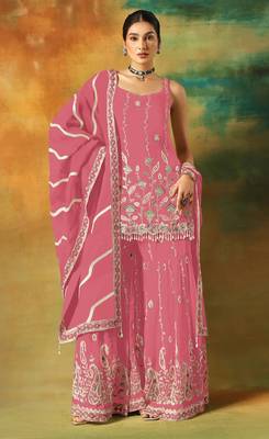 Pink embroidered georgette stitched palazzo style salwar suit 1