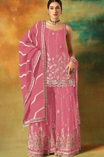 Pink embroidered georgette semi-stitched palazzo style salwar suit