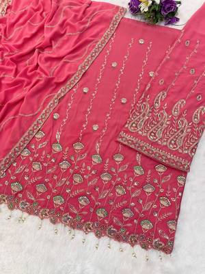 Pink embroidered georgette stitched palazzo style salwar suit 3