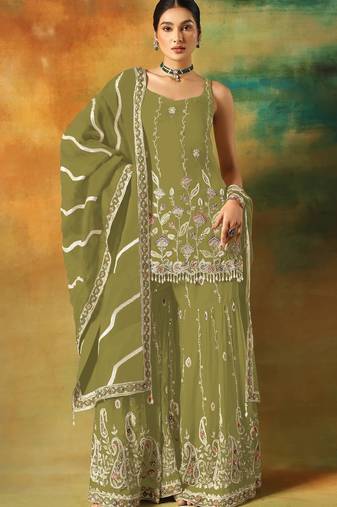 Mehendi green embroidered georgette semi-stitched palazzo style salwar suit