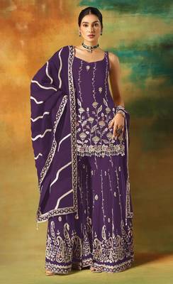 Purple embroidered georgette stitched palazzo style salwar suit 1