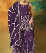 Purple embroidered georgette semi-stitched palazzo style salwar suit