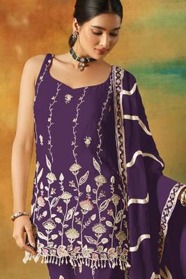 Purple embroidered georgette stitched palazzo style salwar suit 2