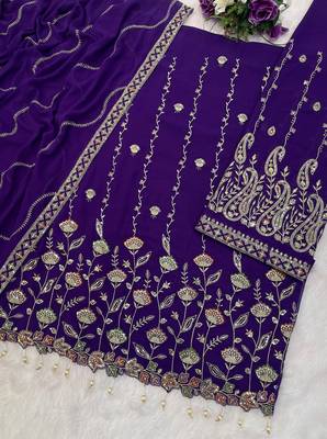 Purple embroidered georgette stitched palazzo style salwar suit 3