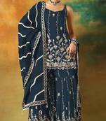 Navy blue embroidered georgette semi-stitched palazzo style salwar suit