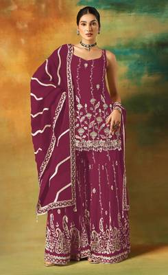 Maroon embroidered georgette stitched palazzo style salwar suit 1