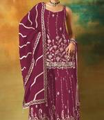 Maroon embroidered georgette semi-stitched palazzo style salwar suit