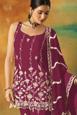 Maroon embroidered georgette stitched palazzo style salwar suit 2