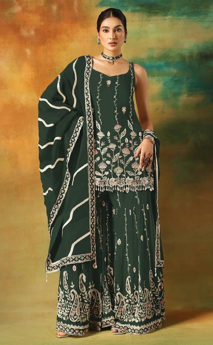 Green embroidered georgette semi-stitched palazzo style salwar suit
