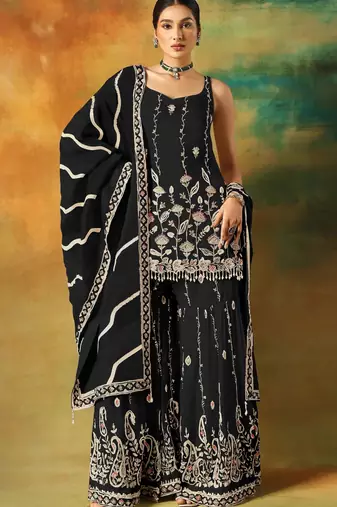 Black embroidered georgette semi-stitched palazzo style salwar suit