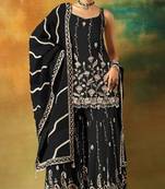 Black embroidered georgette semi-stitched palazzo style salwar suit