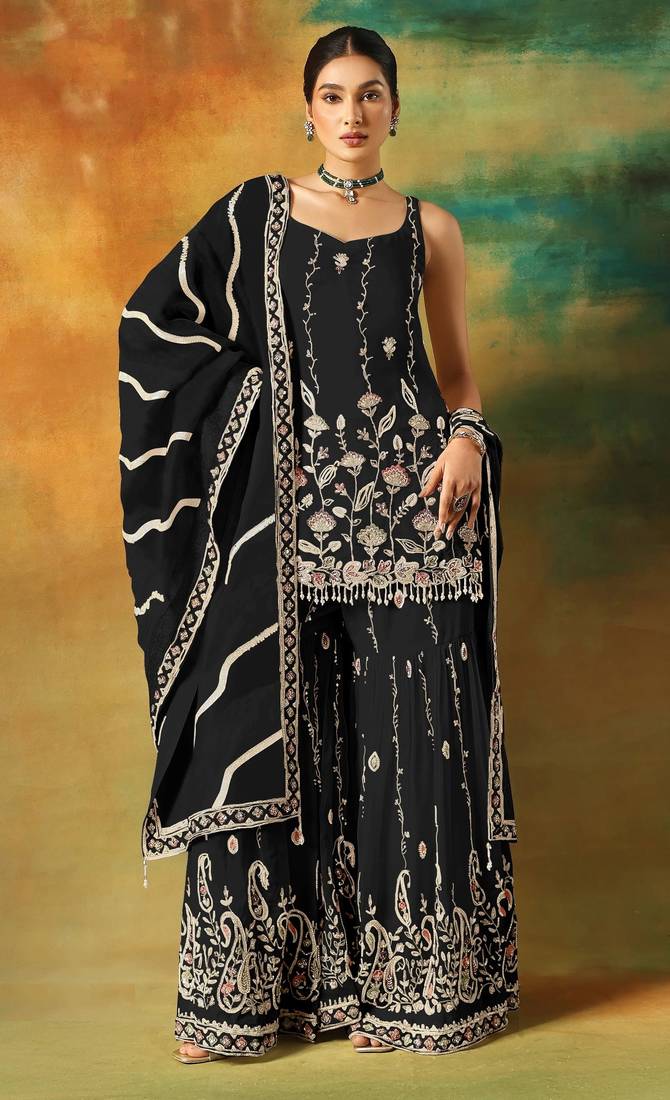 Black embroidered georgette semi-stitched palazzo style salwar suit