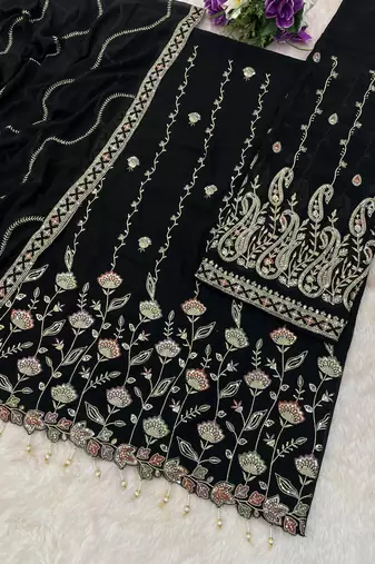 Black embroidered georgette stitched palazzo style salwar suit