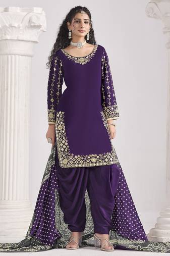 PURPLE Roman silk mirror work patiala salwar kameez for festive